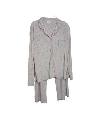 Laura Ashley Women's Pajama Set L SOFT Gray & Pink Heart Print LS Pants #D-34